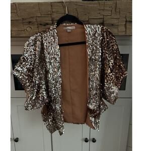 Love 21 Rose Gold Sequin Cropped Kimono Jacket Open Front Pockets S